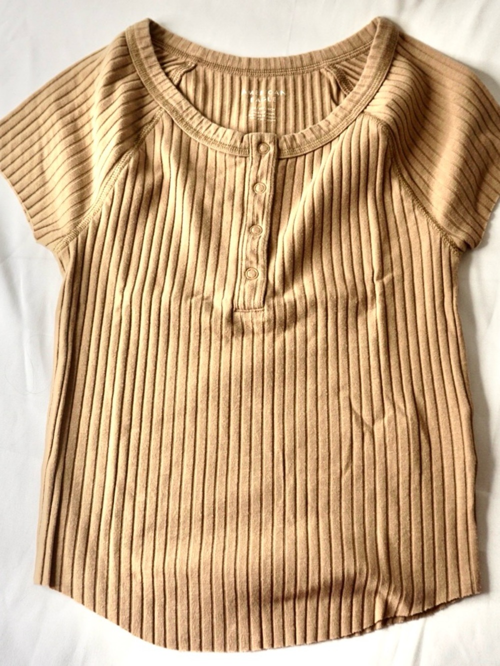 American Eagle Outfitters Ribbed Short Sleeve Henley Top in Beige
